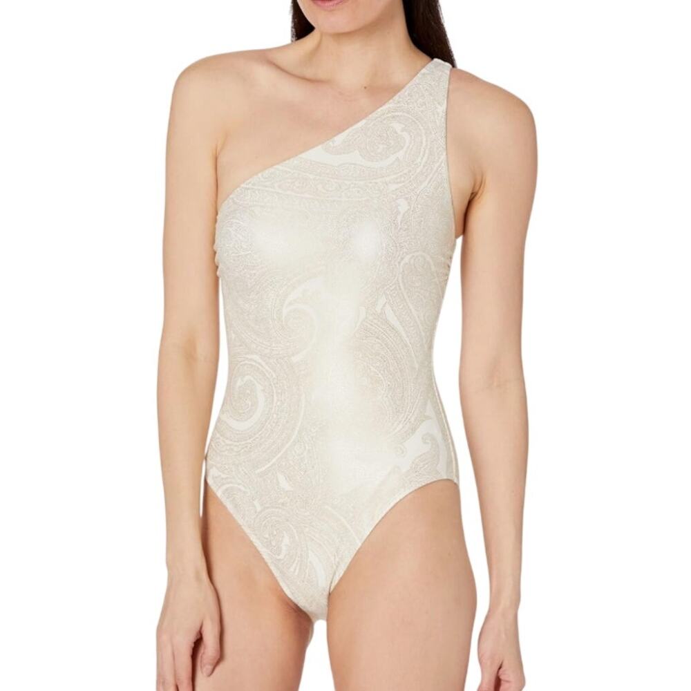 Lauren Ralph Lauren Gold Paisley One-Shoulder Swimsuit, Size 6, NWT